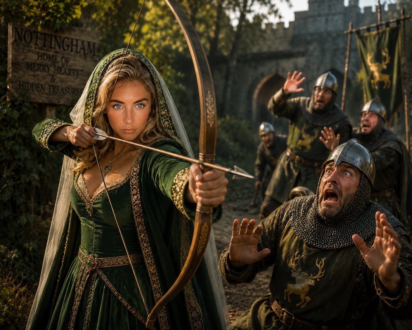 Marian drawing her bow on frightened Nottingham soldiers
