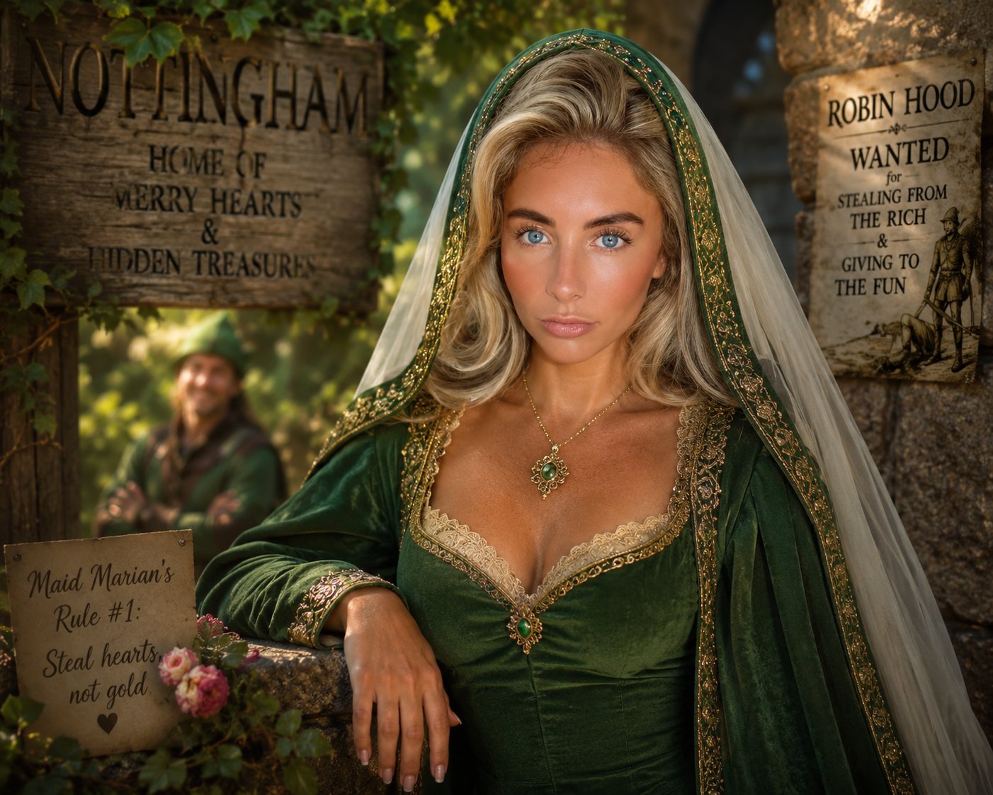 Marian in front of a Robin Hood wanted poster reading wanted for stealing from the rich and giving to the fun, with her own sign reading rule number one steal hearts not gold