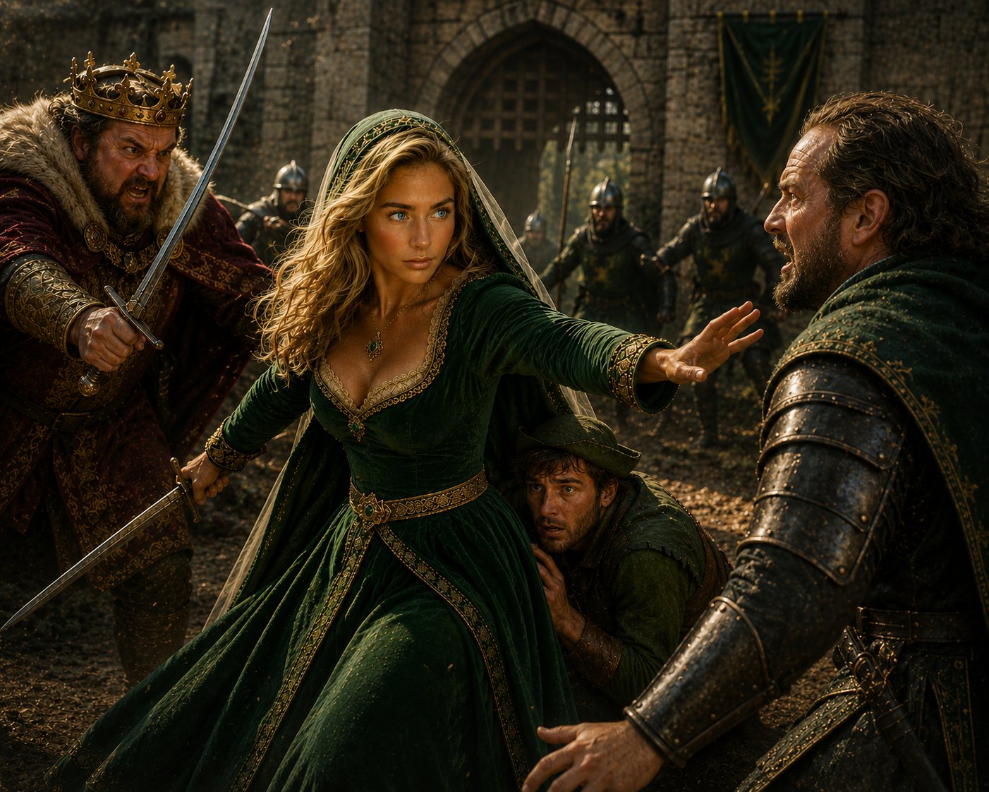 Marian standing between a crowned king and an armored soldier while Robin hides behind her