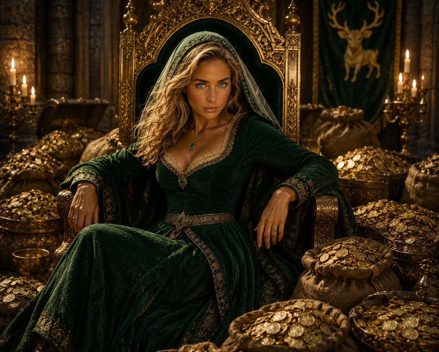 Marian seated on the golden throne surrounded by treasure